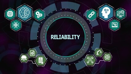 Reliability technology concept with digital interface and system icons representing stable performance, trust and continuity.