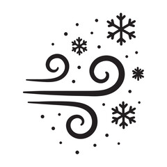 Stylized vector illustration depicting strong winter wind and falling snowflakes, symbolizing cold weather, blizzards, and seasonal changes