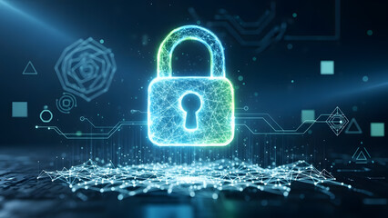 Glowing digital padlock with futuristic circuit board background and neon light effects