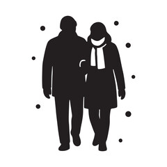 Silhouette illustration of a senior couple walking together in the winter snow