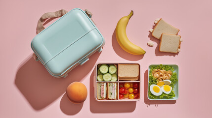 Healthy lunch box set with sandwiches, salad, and fruit on a pink background. Open bento container with fresh vegetables and eggs flat lay. School meal prep concept