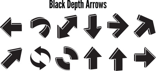Dynamic black depth arrows vector set illustrating movement and direction change