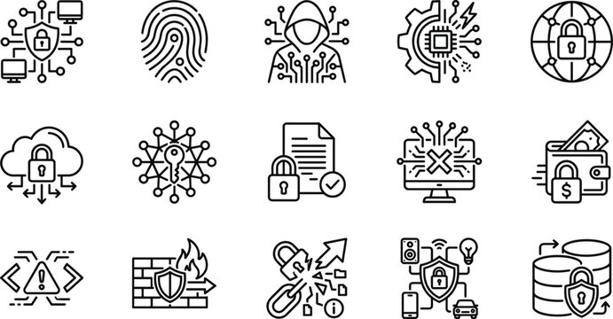 Cyber security and data protection line icons set with network privacy encryption  line icons set with network privacy encryption firewall hacking symbols outline vector illustration