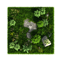 Overhead view of a lush, square, grassy patch with various plants and rocks
