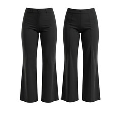 Two front-facing, digitally rendered black flare-leg trousers isolated on a dark background