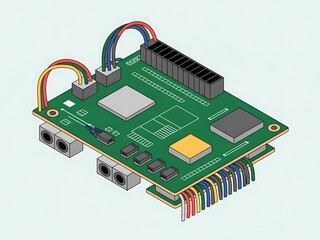 A technical illustration of a complex electronic circuit board in isometric view