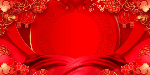 Stunning red Chinese New Year background with intricate lanterns and floral designs, perfect for festive celebrations and cultural events © DH Tree Stock