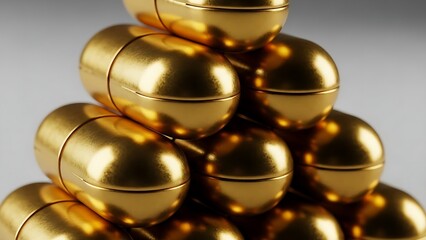 Macro photography of golden gel capsules stacked high to represent health wellness and the daily vitamin supplement routine.