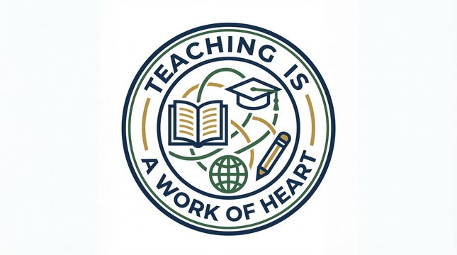 Teaching is a work of heart education logo with book and graduation cap