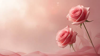 Two Pink Roses on Soft Pink Background with Fabric and Hearts