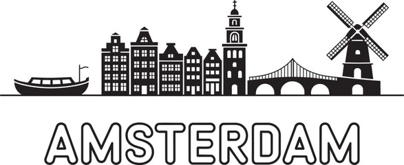 Amsterdam city skyline silhouette vector featuring landmark dutch buildings bridge and mill © pyenga