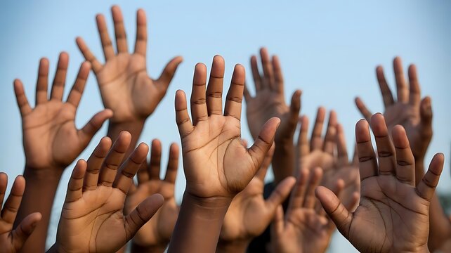 Togetherness raised dark skin hands reaching towards the clear blue sky