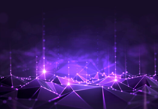Vibrant purple network connections with glowing nodes and lines create a futuristic digital landscape