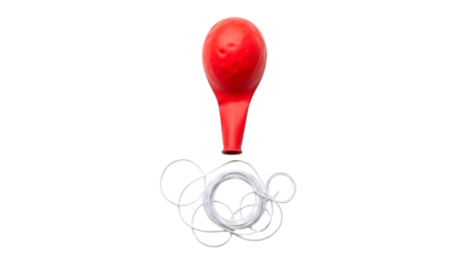 A red rubber balloon tied with a tangled white rubber band on transparent background
