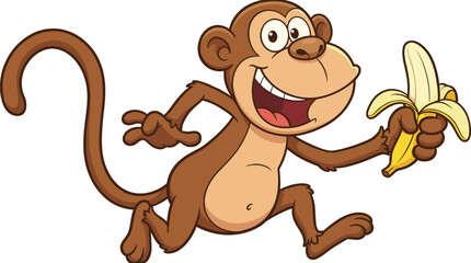 Obraz premium Happy Cartoon Monkey Character Running and Smiling While Holding a Peeled Yellow Banana Vector Illustration Isolated on a White Background