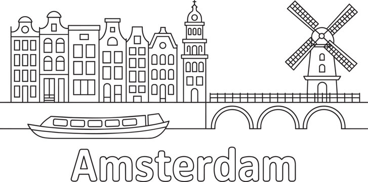 Amsterdam city outline skyline vector with traditional canal houses bridge boat and windmill
