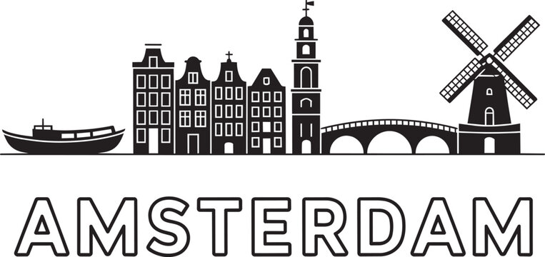 Black silhouette of Amsterdam city skyline including canal houses windmill bridge and a boat