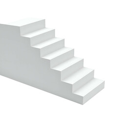 Seven-step white staircase on black. Angular, minimalistic, light source from above. Solid