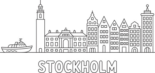Naklejka premium Stockholm sweden cityscape outline vector with royal palace medieval buildings and ship