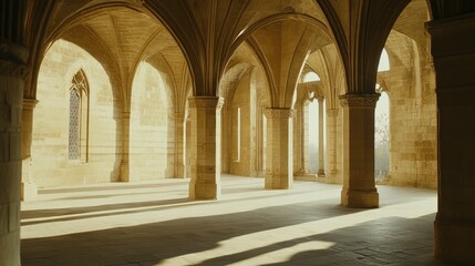 Sunlit stone hallway architecture interior columns arches design