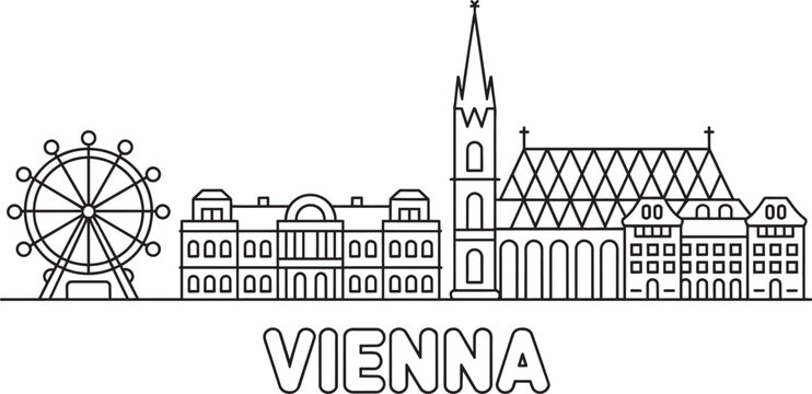 Vienna city outline vector illustration with iconic buildings and prater ferris wheel