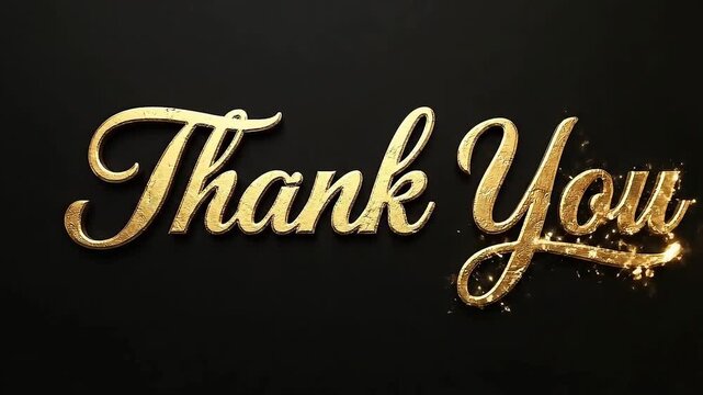 Metallic gold thank you message written in 3d script on black surface with bright light reflection