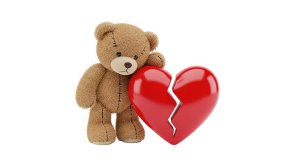 Sad teddy bear holding broken heart isolated on transparent background