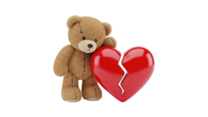 Sad teddy bear holding broken heart isolated on transparent background