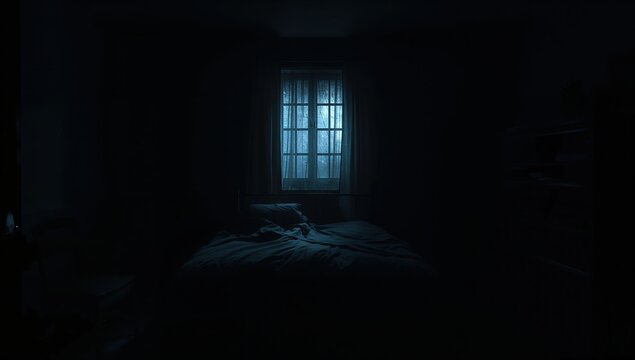 Creepy Abandoned House Bedroom with Messy Bedding and Dark Corners for Thriller and Mystery Designs