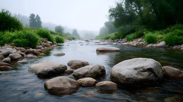 A misty morning over a serene river with smooth rounded stones in the flowing water