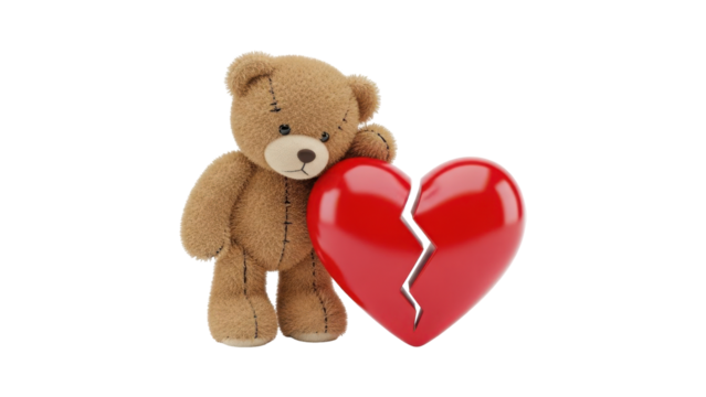 Sad teddy bear holding broken heart isolated on transparent background - Powered by Adobe