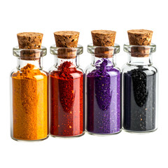 Four small glass bottles with cork stoppers, each filled with vibrant colored powders