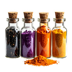 Four glass bottles filled with colorful powders and a small pile of orange powder
