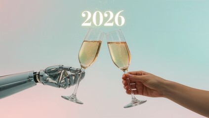A Robotic Hand And A Human Hand Raising Champagne Glasses To Celebrate 2026