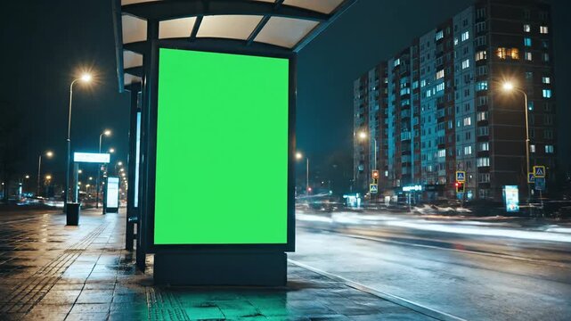 Billboard with green screen at city bus stop at night