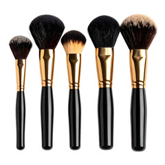 Five different size makeup brushes in a row with black handles and gold ferrules