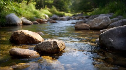 A close up view of a serene mountain stream with clear water flowing over smooth rocks in sunlight