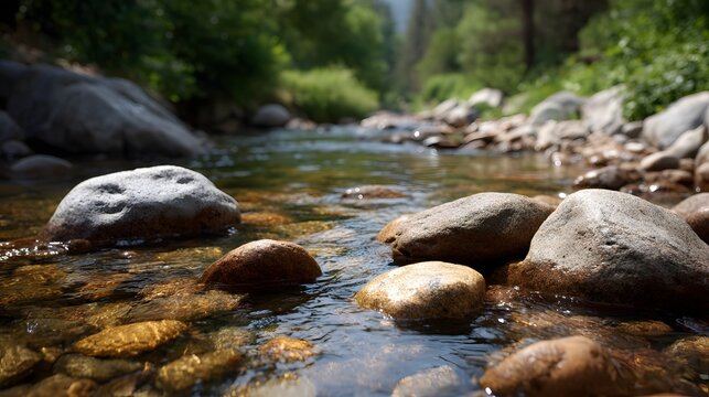 A close up view of a serene flowing stream with smooth rounded rocks partially submerged in clear sunlit water