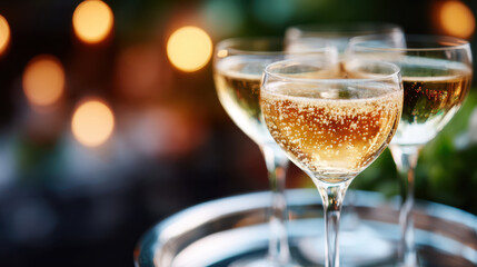 Elegant display of champagne glasses pyramid on mirrored tray for celebrations and events