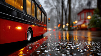 Red bus with tail lights reflecting on wet street in foggy snowy evening with glowing windows