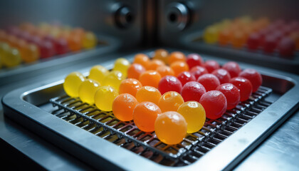 Colorful rows of spherical gelatin on metal tray in high fidelity kitchen setting