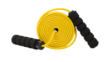 Vibrant yellow jump rope with black handles  isolated on transparent background