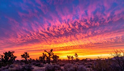 Spectacular Desert Sunset with Vibrant Colors and Silhouette Joshua Trees.