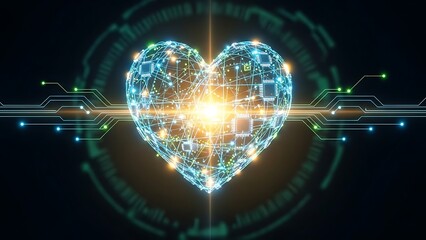 A glowing digital heart with circuit board lines and a bright light in the center represents technology and love