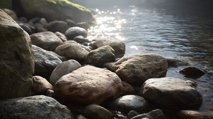 Fototapeta premium Serene river stream with wet sunlit rocks and a misty atmosphere
