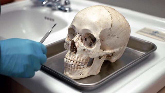 Forensics Skull rests on tray in lab next to sink, glove adjusts tap