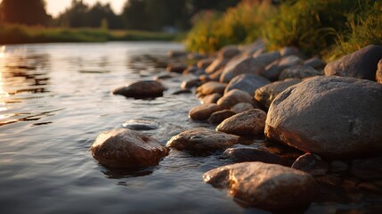 Golden hour sunlight casts a warm glow on a serene riverbank filled with smooth wet stones