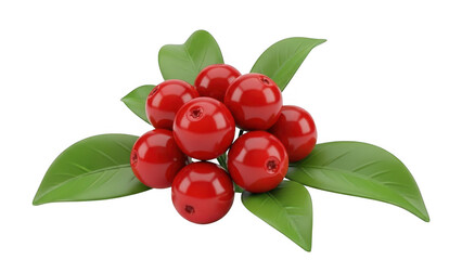 Bright red berries with green leaves isolated on transparent background