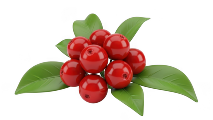 Bright red berries with green leaves isolated on transparent background