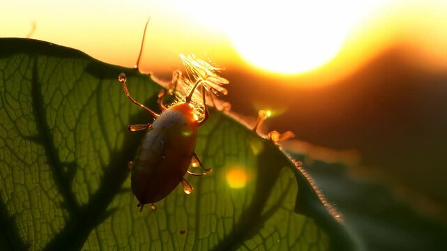 A small insect perches on a green leaf as the sun sets in the background, creating a warm glow. The insect is illuminated by the soft sunlight, highlighting its delicate features.